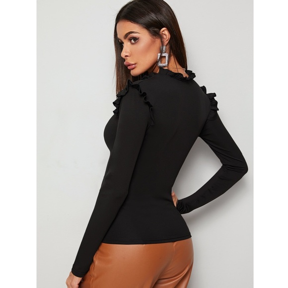 Ruffle Detail Black Long Sleeve Shirt - Picture 3 of 5